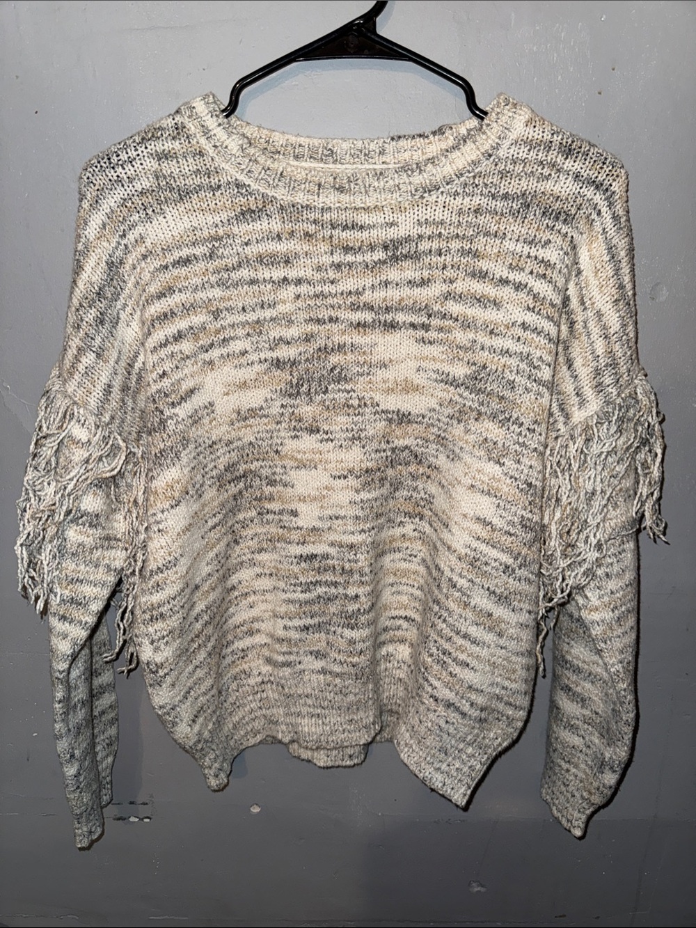 Calvin Klein Marled Fringe Crewneck Sweater - Cream & Gray